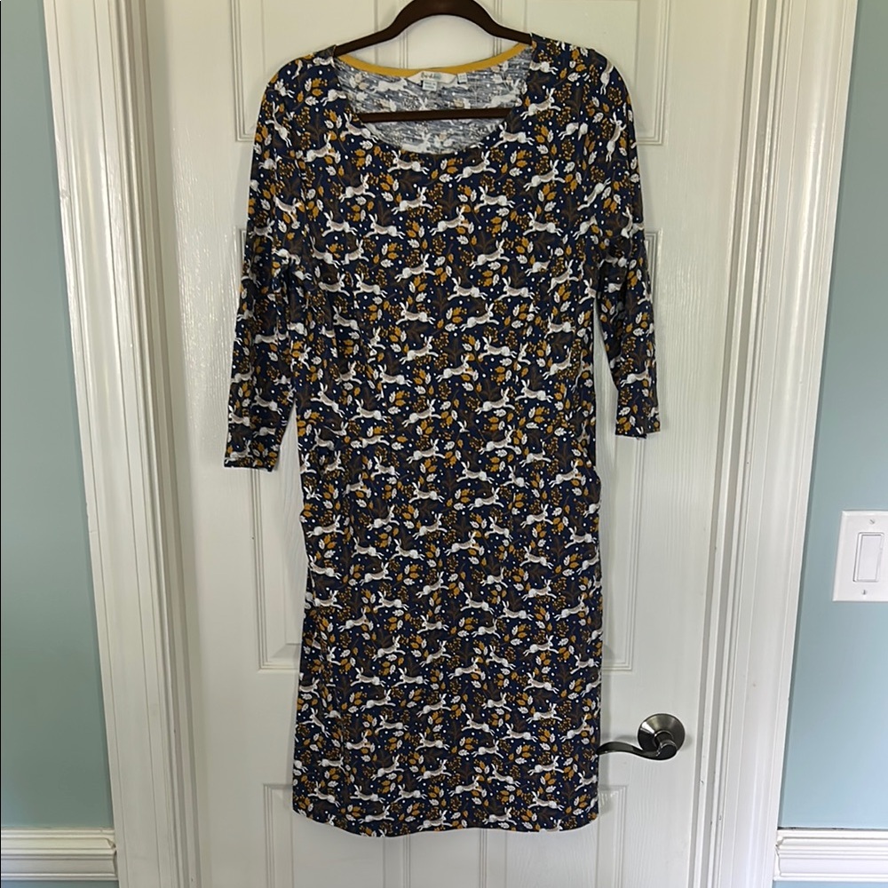 Women’s Boden Rabbit Print Blue Gold & White Dress Size 12R